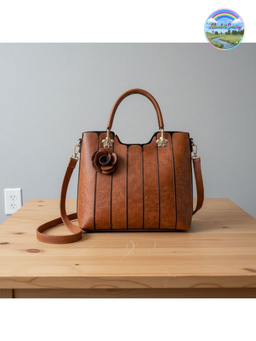 Vegan Leather Satchel Top Handle Handbag with Rosette Charm